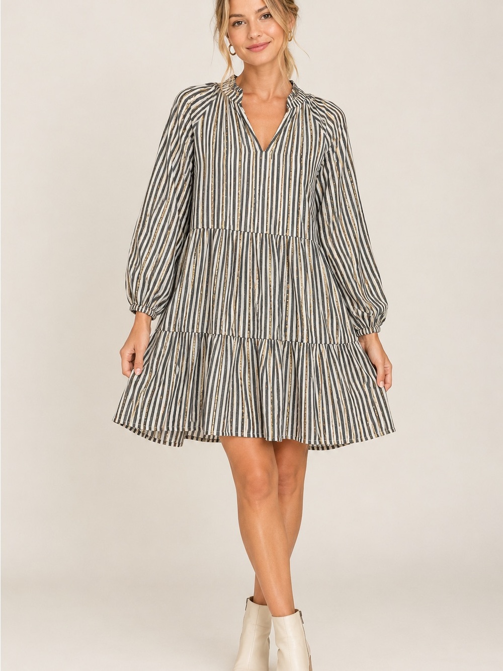 ✨ Crown & Ivory Navy White Striped Tiered Dress Gold Stripe Long Sleeve Small